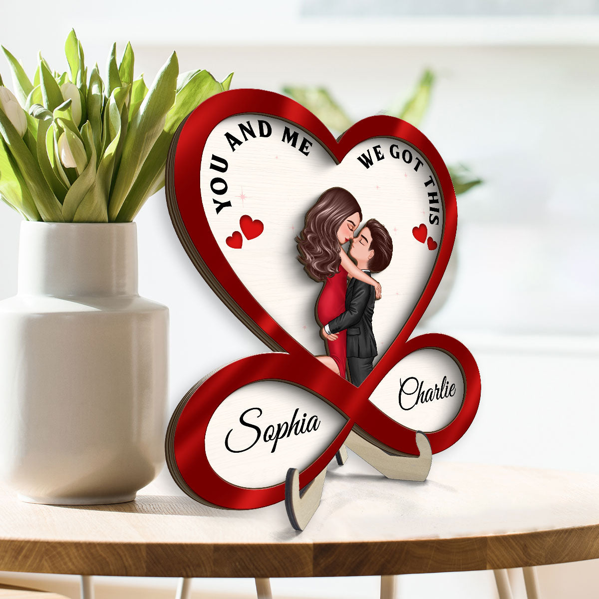 Infinity Heart Couple Hugging Kissing Anniversary Gift For Him Gift For Her Personalized 2-Layer Wooden Plaque