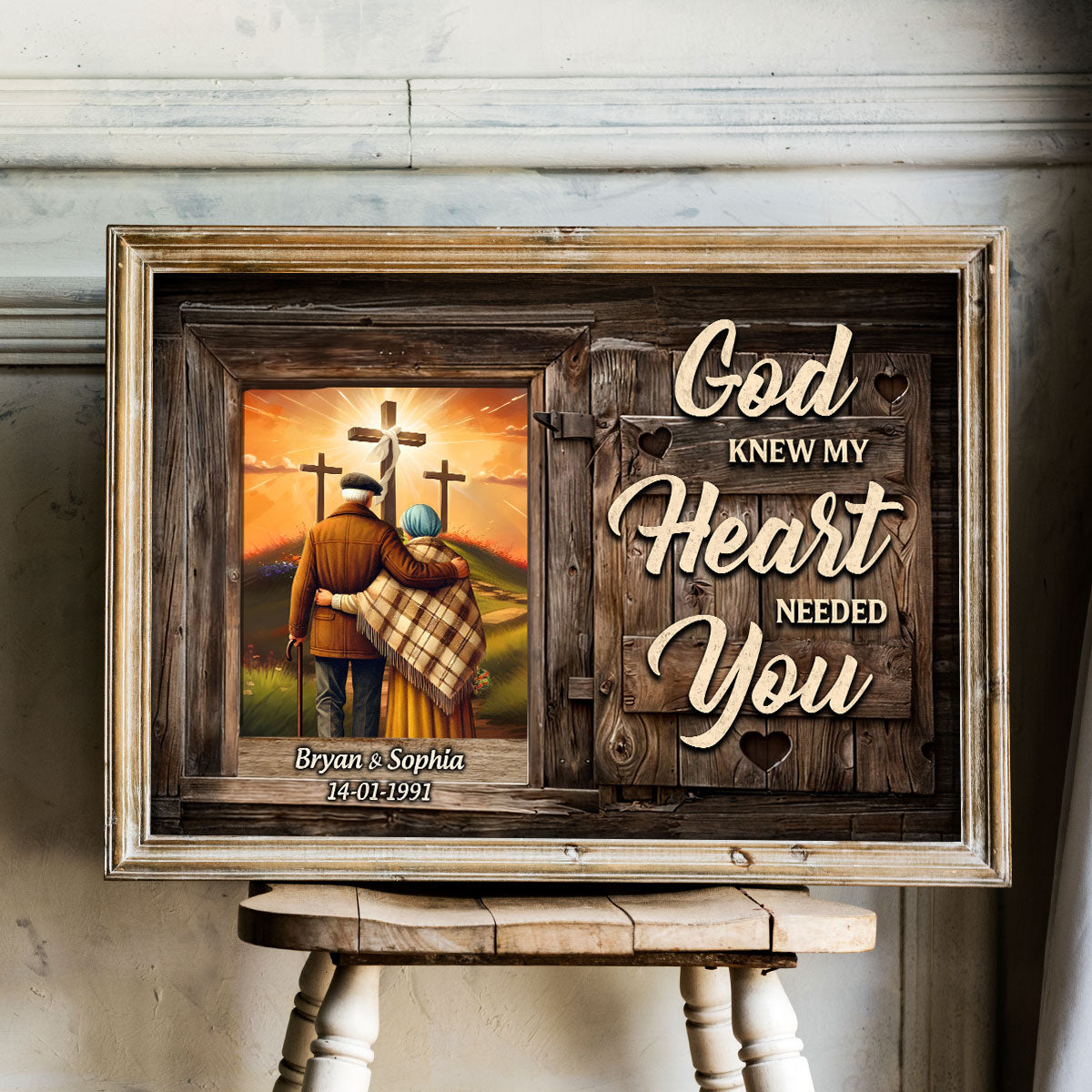 Cross God Knew My Heart Needed You Old Couple Walking Hugging Personalized Poster, Anniversary  Gift For Him, Her, Husband, Wife