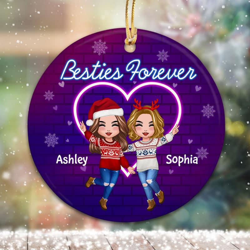 Neon Heart Happy Doll Besties Sisters Christmas Personalized Circle Ornament