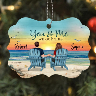 Back View Couple Sitting Beach Landscape Personalized Wooden Ornament