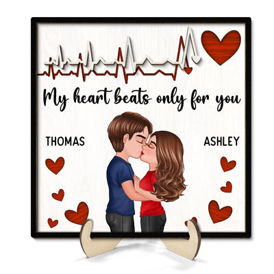 My Heart Beats Only For You Couple Hugging Kissing Valentine‘s Day Gift For Him For Her Personalized 2-Layer Wooden Plaque