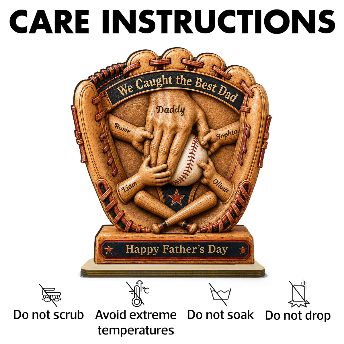 Baseball Glove Dad & Kids' Hands - Personalized 2-Layered Wooden Plaque - Father's Day Gift For Dad, Husband