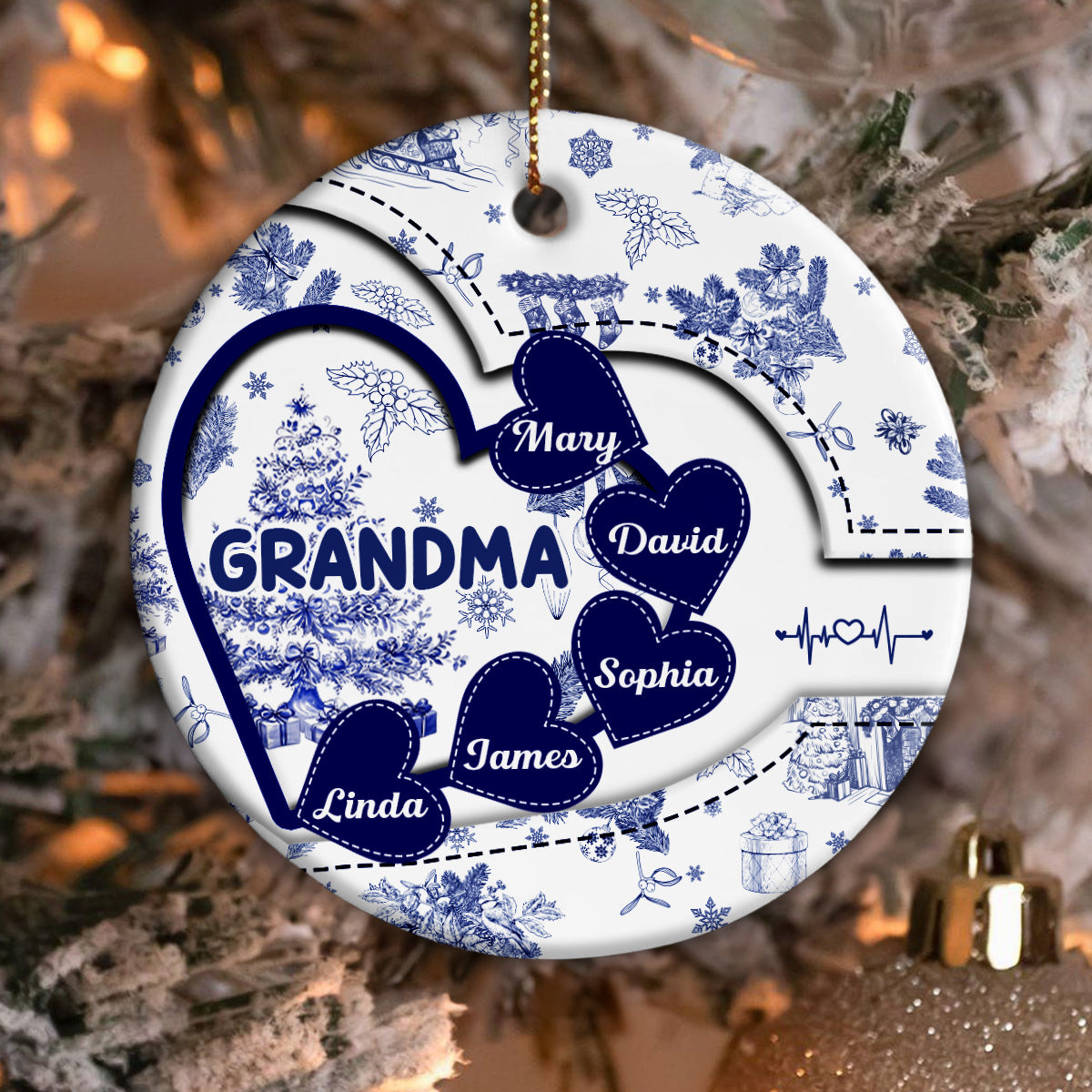 Grandma With Hearts Grandkids' Names Toile De Jouy Style Personalized Circle Ornament