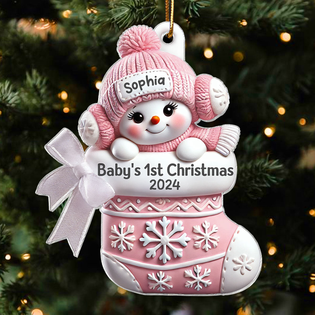 3D Effect Snowbaby On Stocking Baby's 1st Christmas Keepsake Personalized Acrylic Flat Ornament