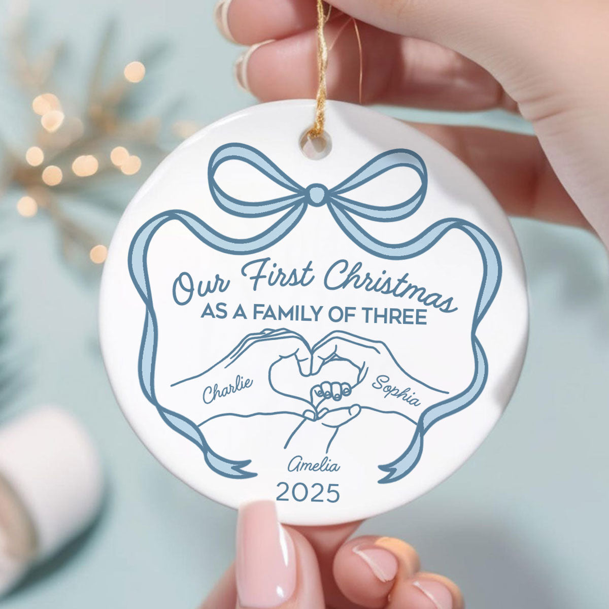 Family Heart Hand First Christmas As Family Of Three Christmas Personalized Ceramic Ornament