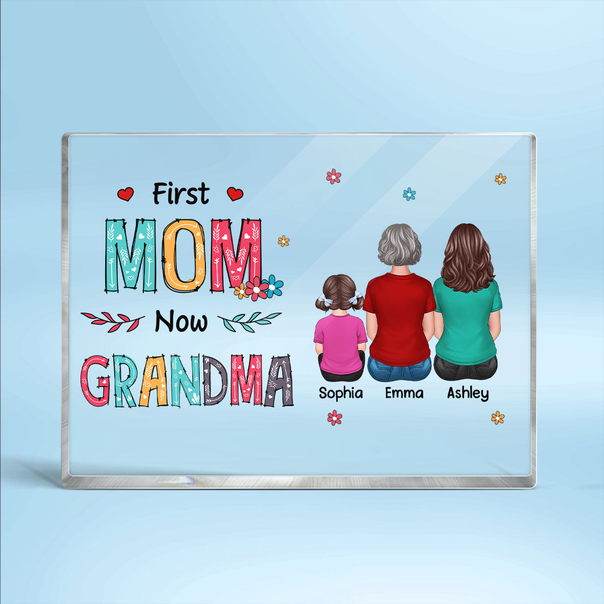 First Mom Now Grandma Back View Woman And Kids Personalized Rectangle Acrylic Block Plaque