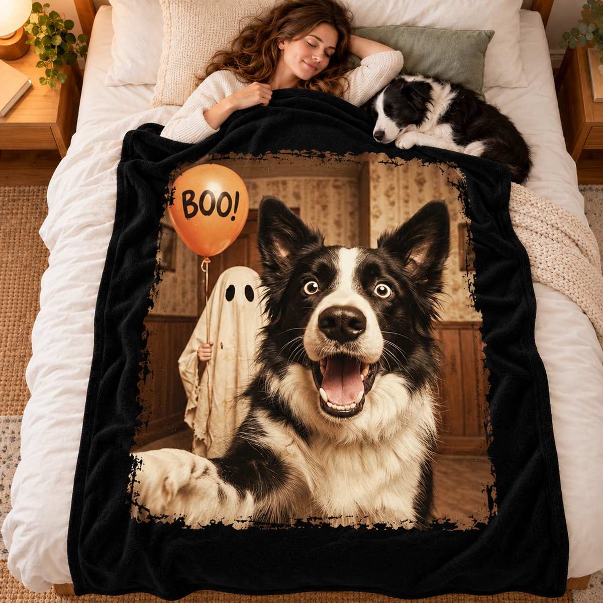 Custom Dog Cat Photo Halloween - Personalized Fleece Blanket - Trendy Vintage Spooky Tee for Pet Moms