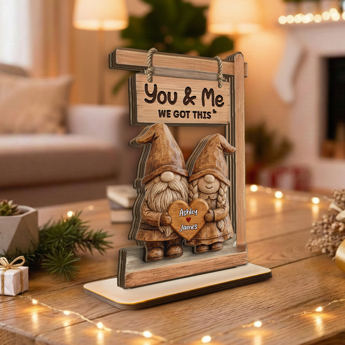 3D Effect Gnome Couple Standing - Personalized 2-Layered Wooden Plaque - Perfect Valentine's Day Gift For Him, Gift For Her