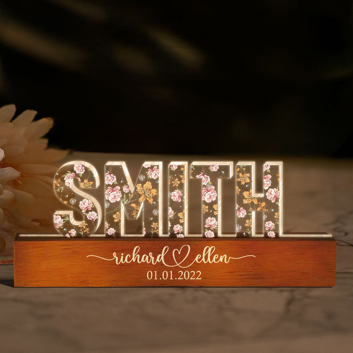 Mr & Mrs Family Name Wedding Anniversary  Gift for her & for him, Custom Flower Printed LED Night Light