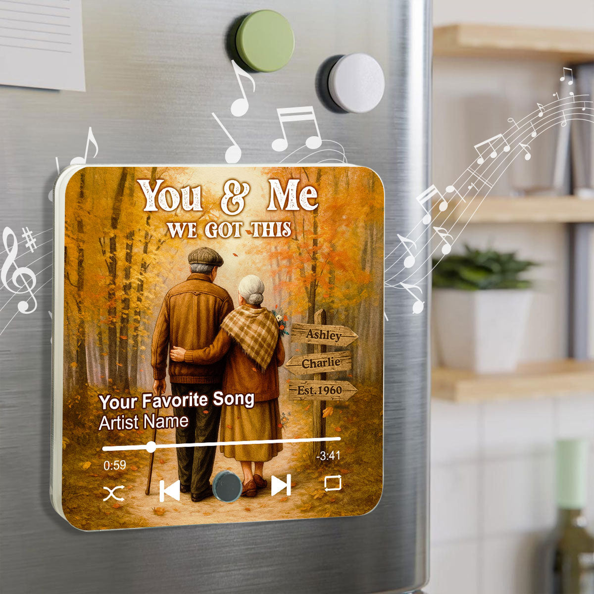 Fall Season Old Couple Personalized Music Fridge Magnet, Heartfelt Gift For Couple