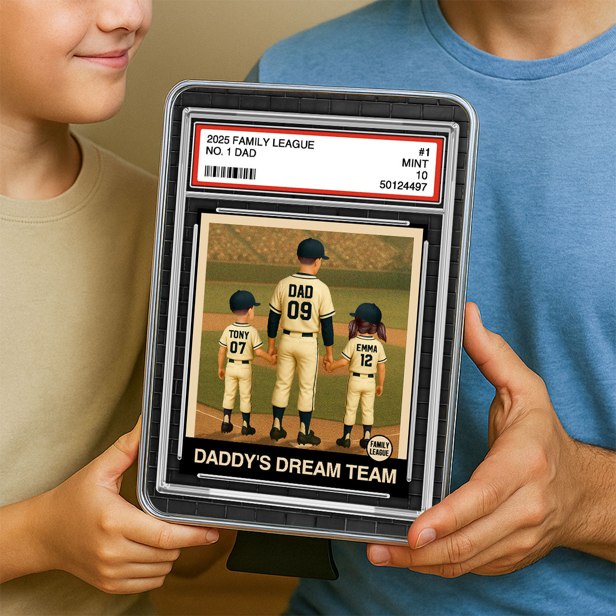 Baseball No. 1 Dad Man & Kids Trading Card Style Personalized Mirrored Picture Frame
