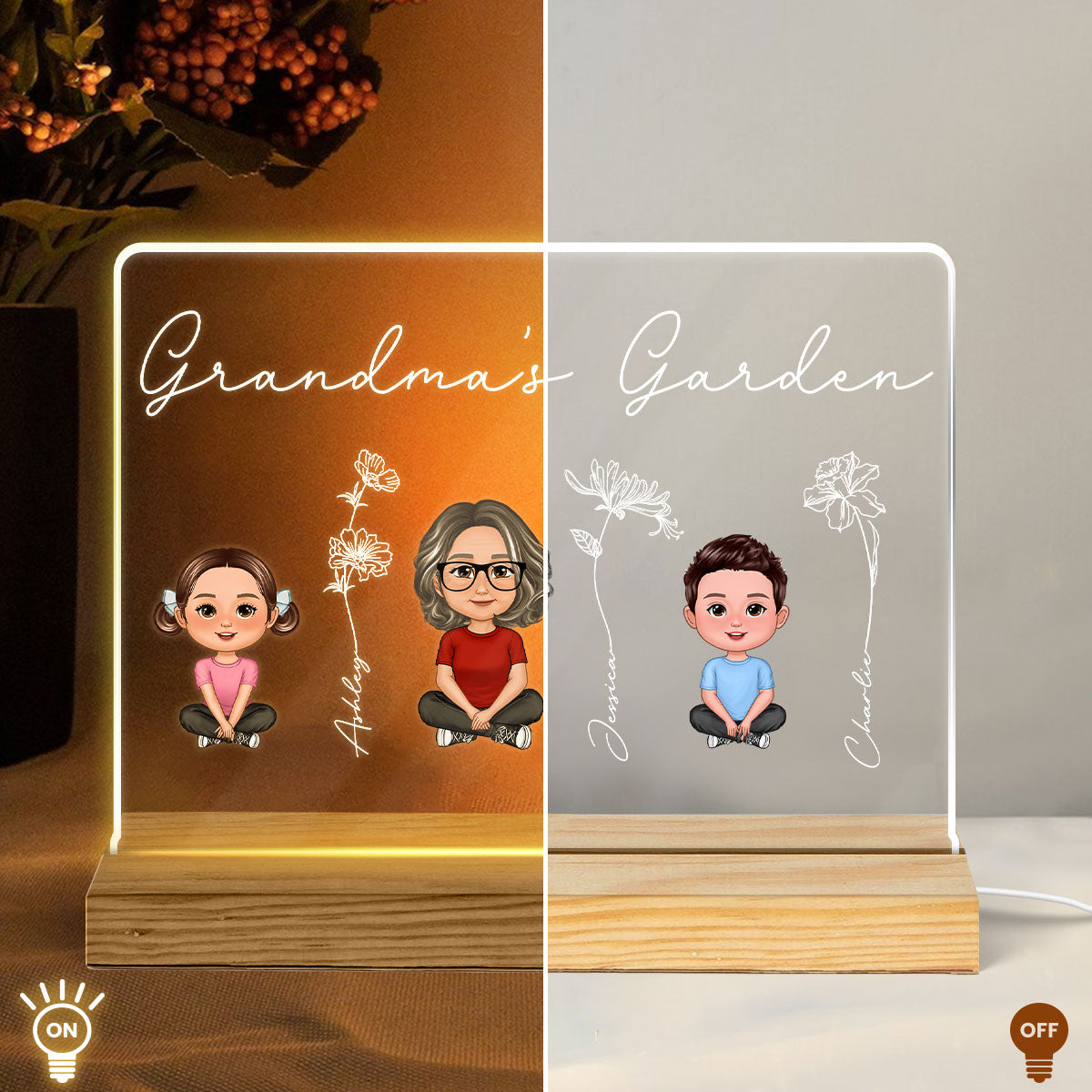 Grandma Grandkids Sitting Crossed Legs Outline Birth Month Flowers Mother‘s Day Gift Personalized Warm Acrylic Plaque LED Night Light