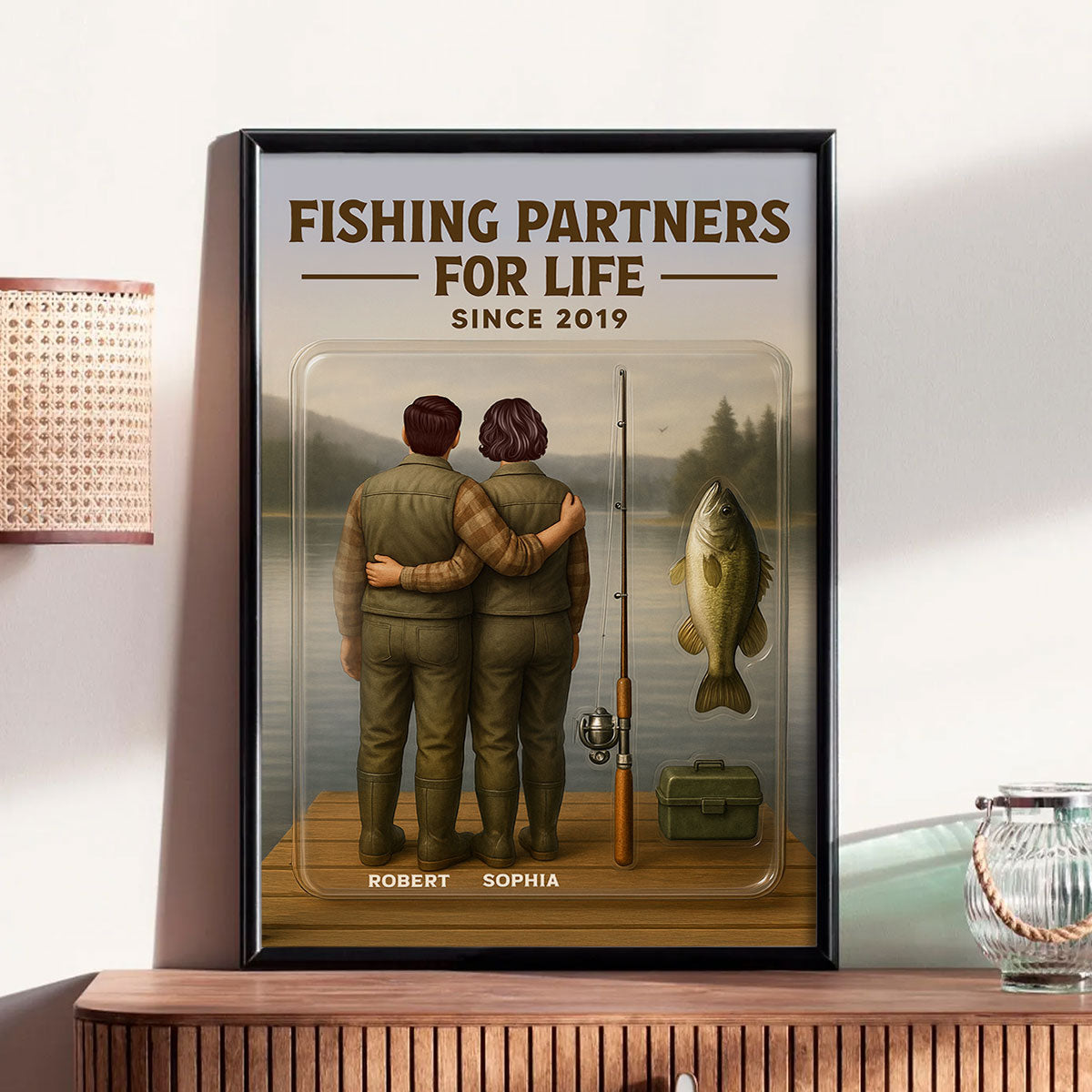 3D Effect Custom Figure Couple Fishing Partners For Life Personalized Poster