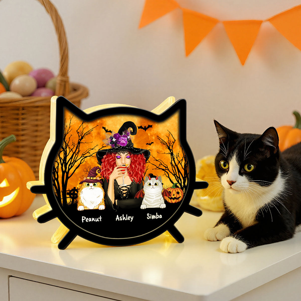 Spooky Halloween Theme Cat Mom Cat Face Personalized LED Light Box