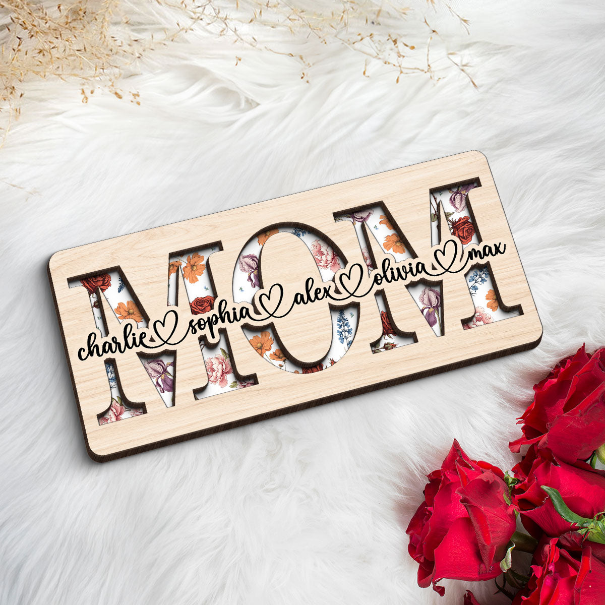 Custom Flower Printed Personalized 2-Layered Wooden Plaque, Valentine's Day, Mother's Day, Birthday, Just Because Gift for Mom, Grandma