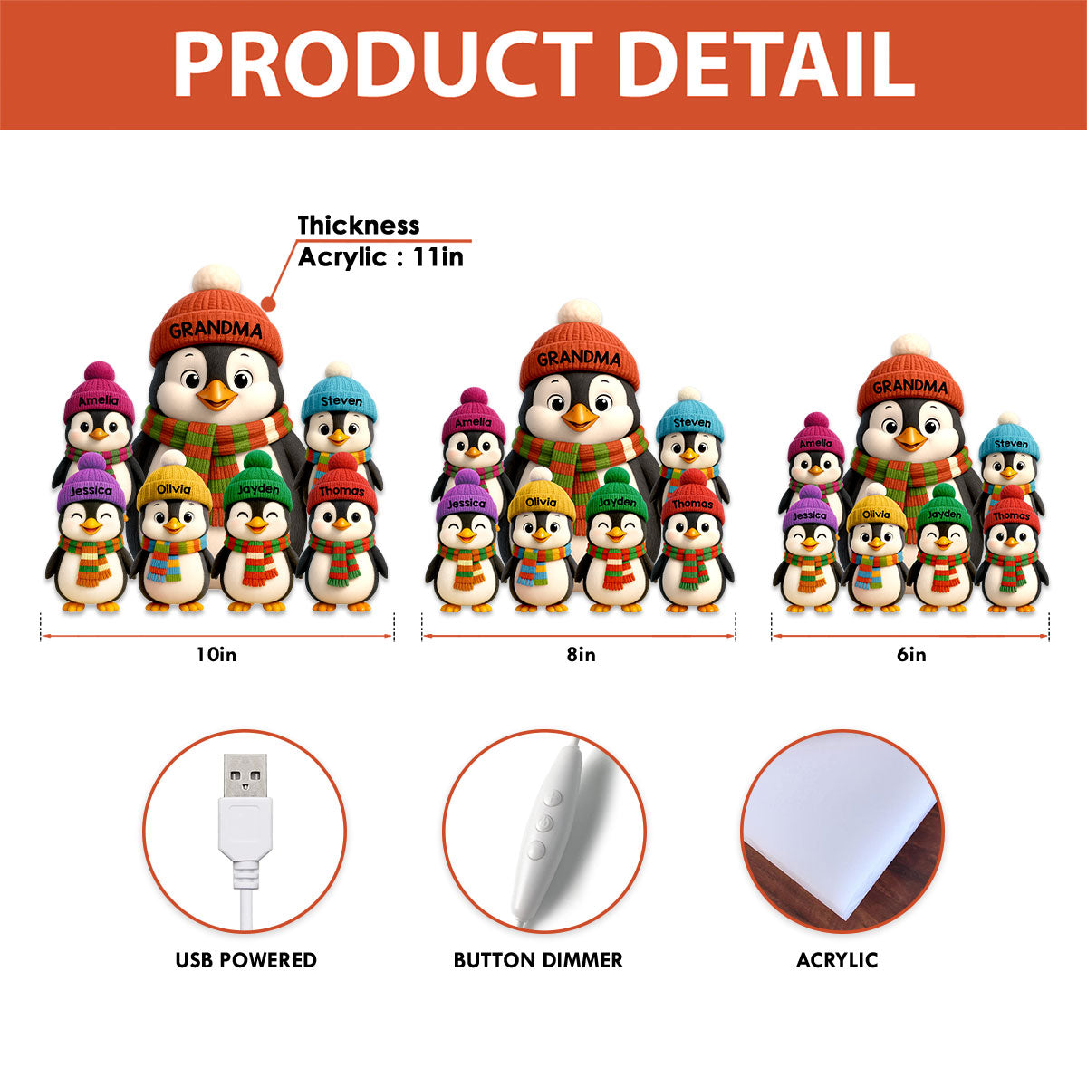 3D Effect Heartwarming Christmas Penguins Grandma Grandkids - Personalized Light Box