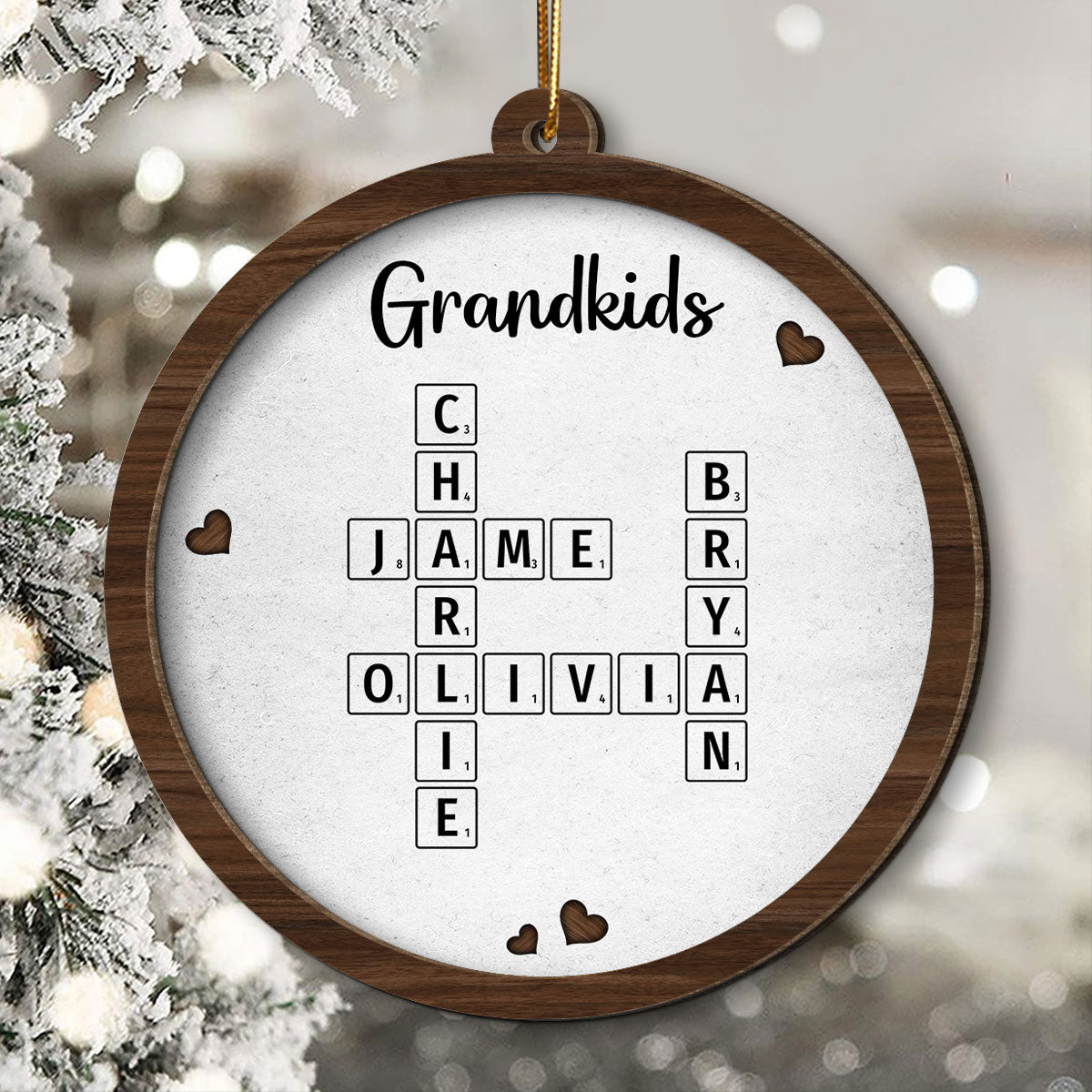 Grandkids Crossword Puzzle Art Newspaper Personalized 2-Layer Wooden Ornament, Christmas Gift For Grandma, Gift For Mom