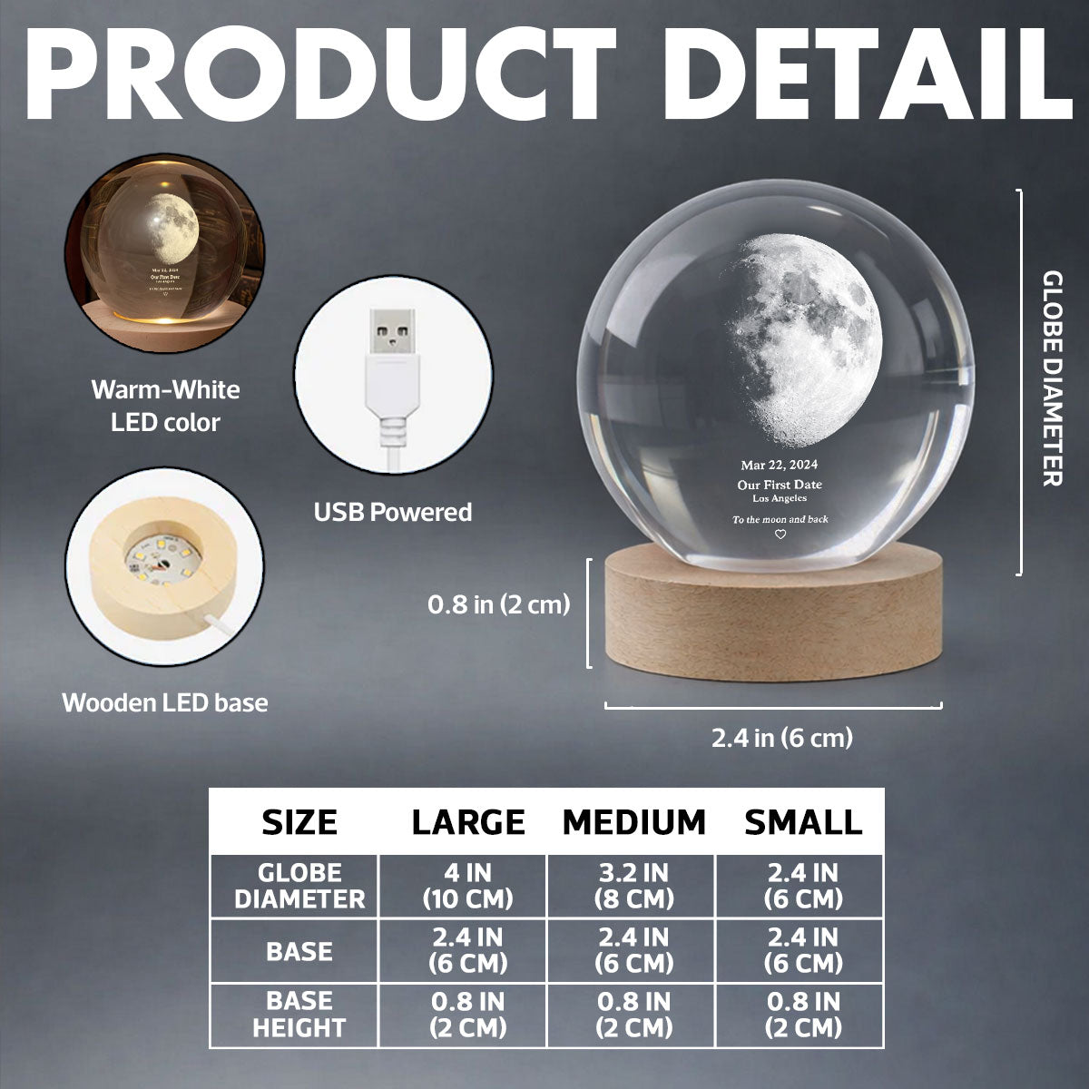 Couple Love to the Moon and Back Moon Phase by Date - Personalized Crystal Ball LED Night Light - Sentimental Valentine's Day Gift for Her, for Him