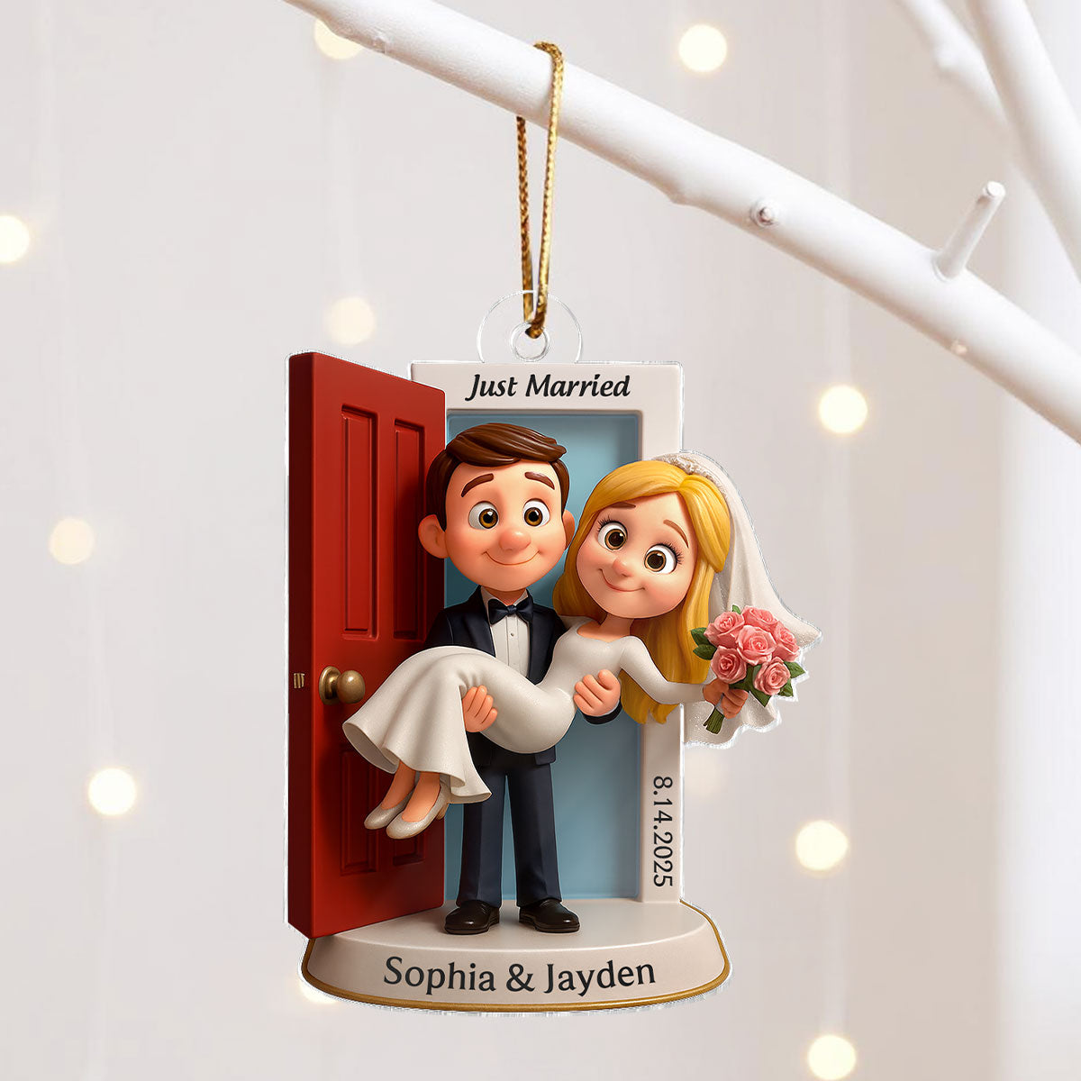 Personalized Our First Christmas Married Ornament | Customized Wedding Couple Threshold, Groom Carrying Bride | Just Married Newlyweds Marriage Keepsake