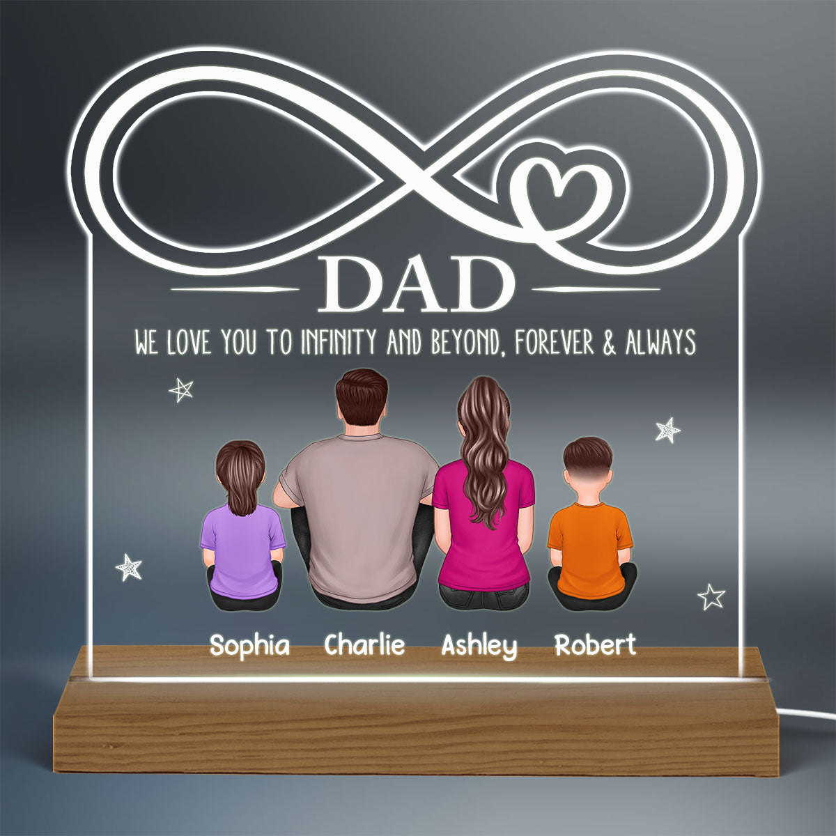 Dad We Love You To Infinity Back View Man & Kids Dog Cat Personalized Custom Shape Acrylic Plaque With Warm LED Night Light