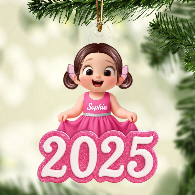 Cute Little Doll Girl 2025 - Personalized Acrylic Ornament - Christmas Gift for Kids, Grandkids