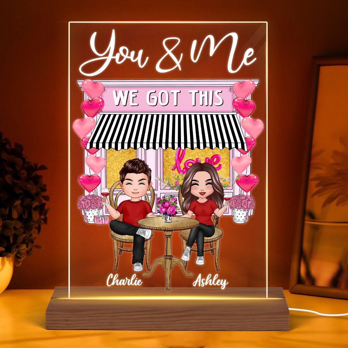 Doll Couple Sitting Coffee Shop Personalized Plaque LED Light Night
