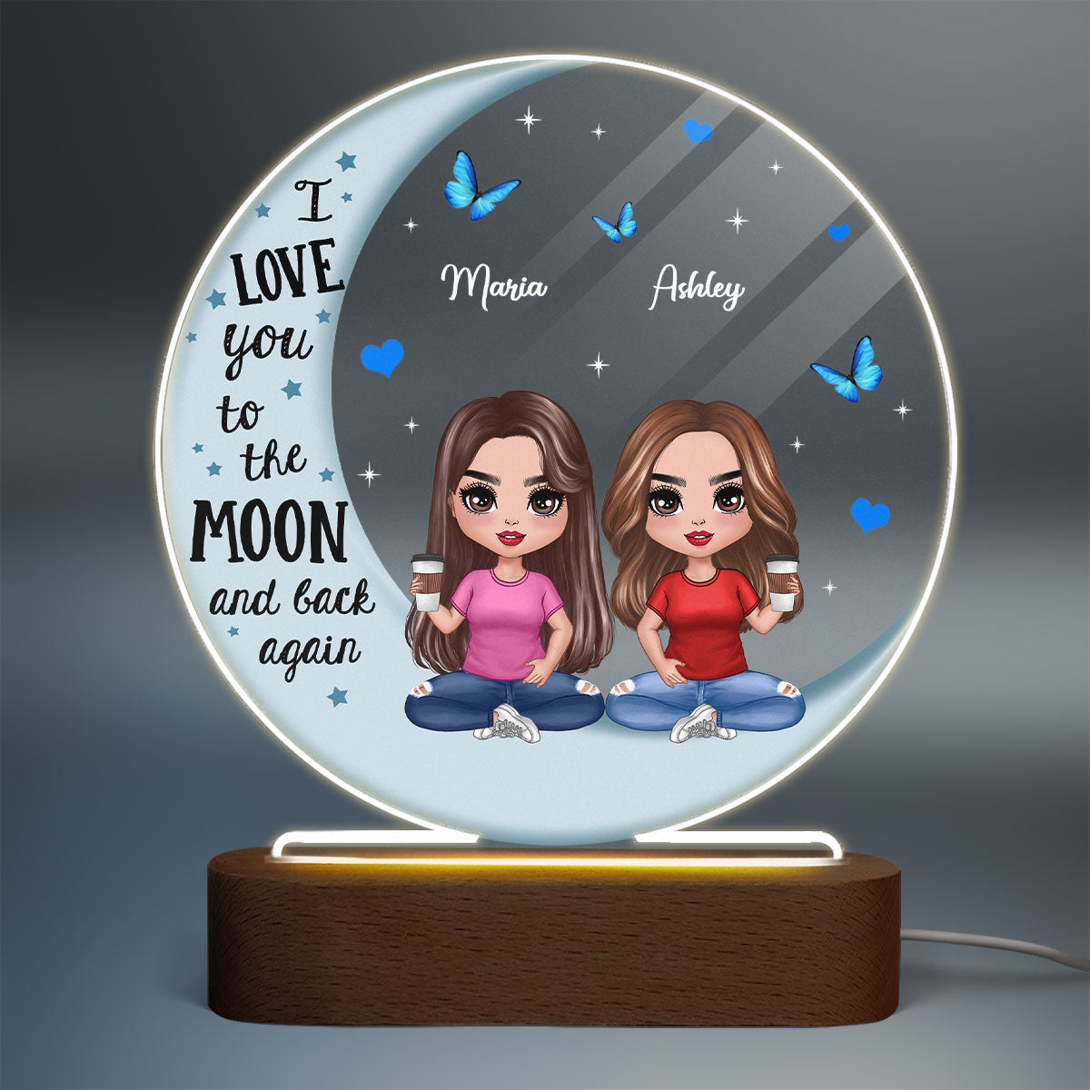 Best Friends Besties Blue Moon Personalized Circle LED Night Light Acrylic LED Lamp