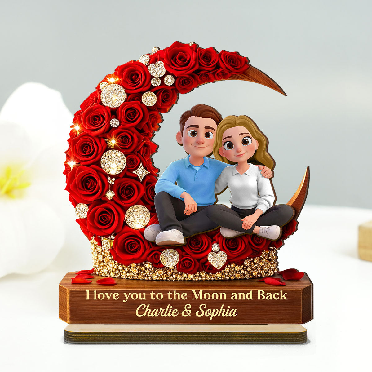 I Love You to the Moon and Back Romantic Love - Personalized 2-Layered Wooden Plaque - Heartfelt Valentine's Day Gift for Her, for Him