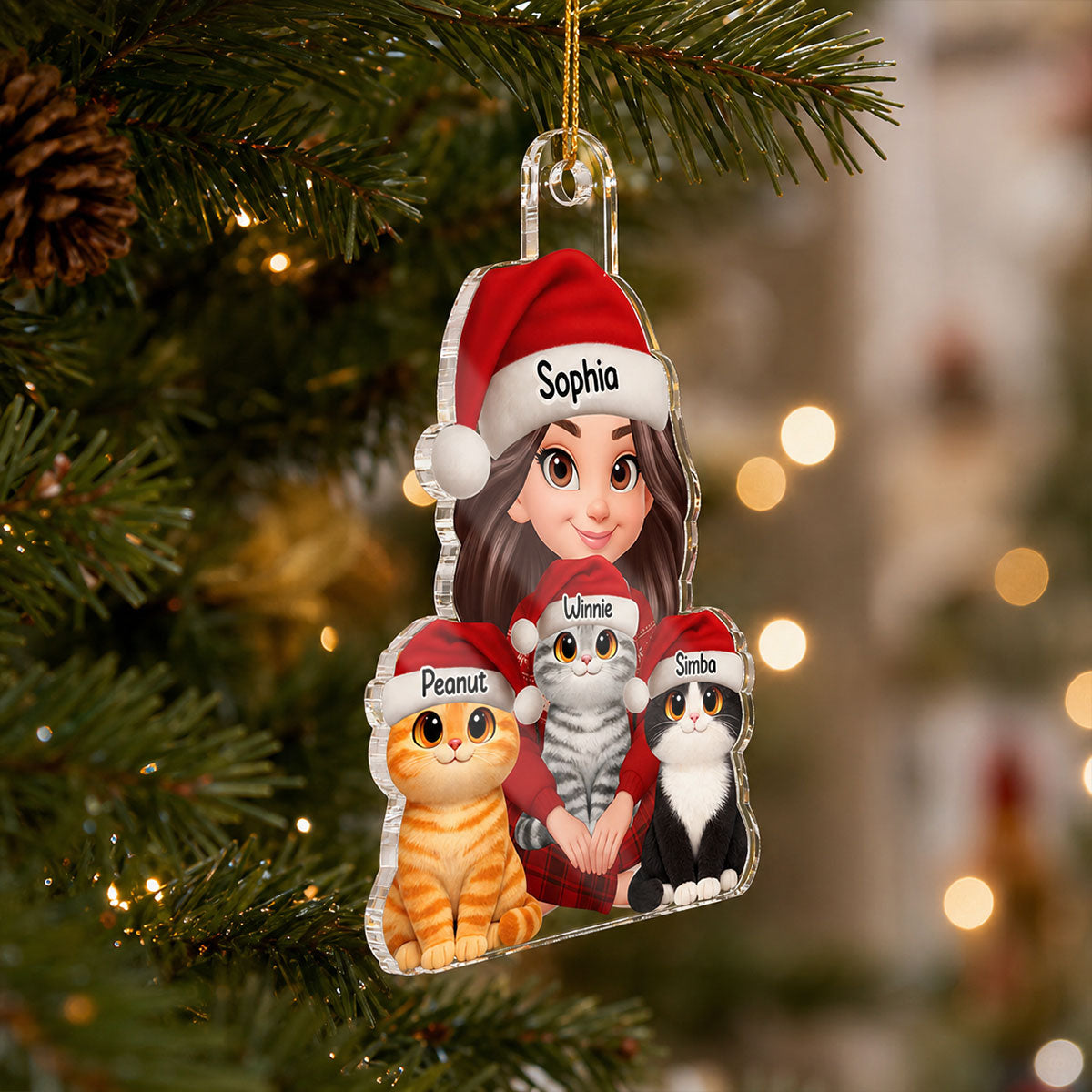 A Girl Sitting With Her Cats 2D Flat - Personalized Acrylic Ornament - Gift For Cat Lover, Gift For New Pet Owner