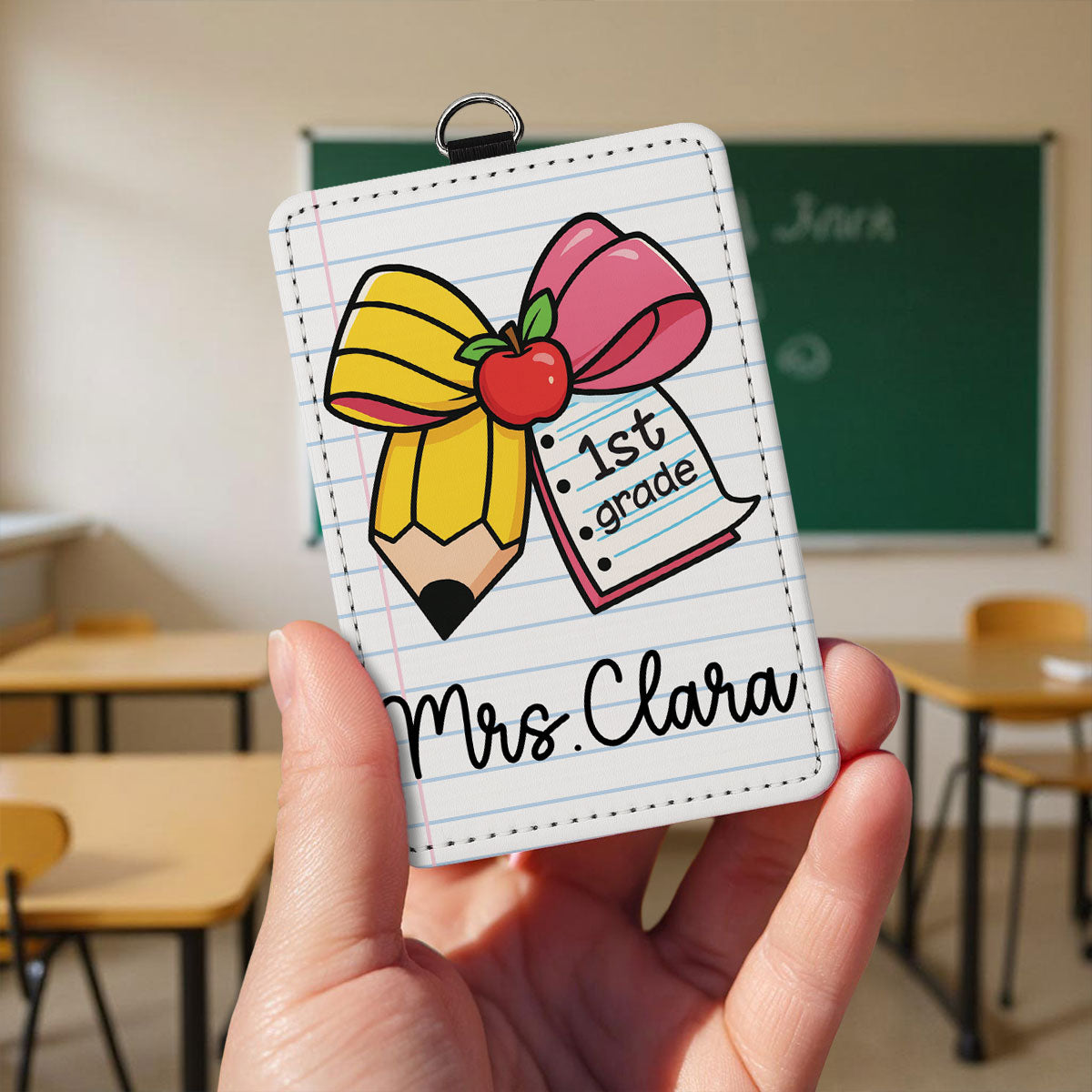 Pencil Coquette Bow Teacher Name Personalized ID Badge Holder, Back To School Gift