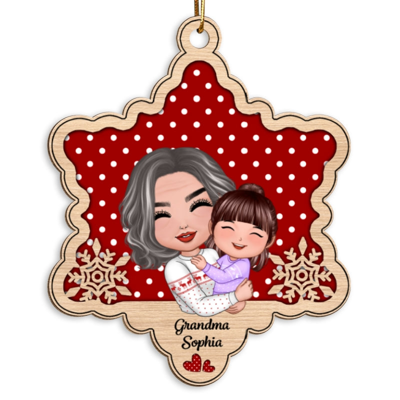 Doll Grandma Hugging Granddaughter Grandson Snowflake Personalized Wooden Ornament