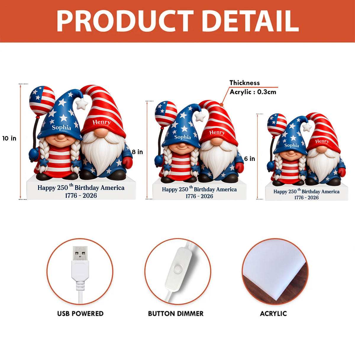 250th Anniversary American Gnome Couple - Personalized Light Box - Perfect Christmas Gift for Couple, for Her, for Him
