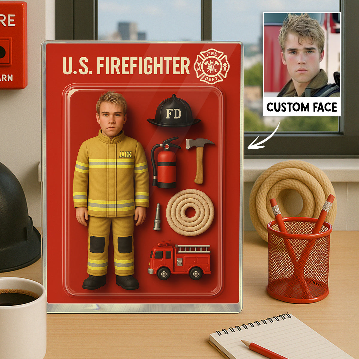 3D Effect Firefighter Custom Figure Personalized Flat Rectangle Acrylic Block| Unique Father's Day Gift For Firefighters, Dad, Husband