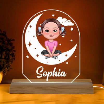 Cute Kid Sitting Crossed Legs On Moon Stars Gift For Kid Personalized Custom Shaped Acrylic Plaque With LED Night Light
