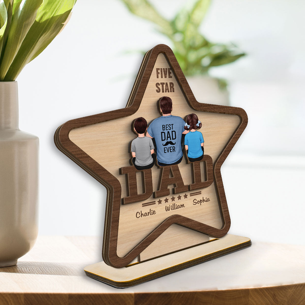 Five - Star Dad Back View Dad And Kids Personalized 2-Layer Standing Wooden Plaque