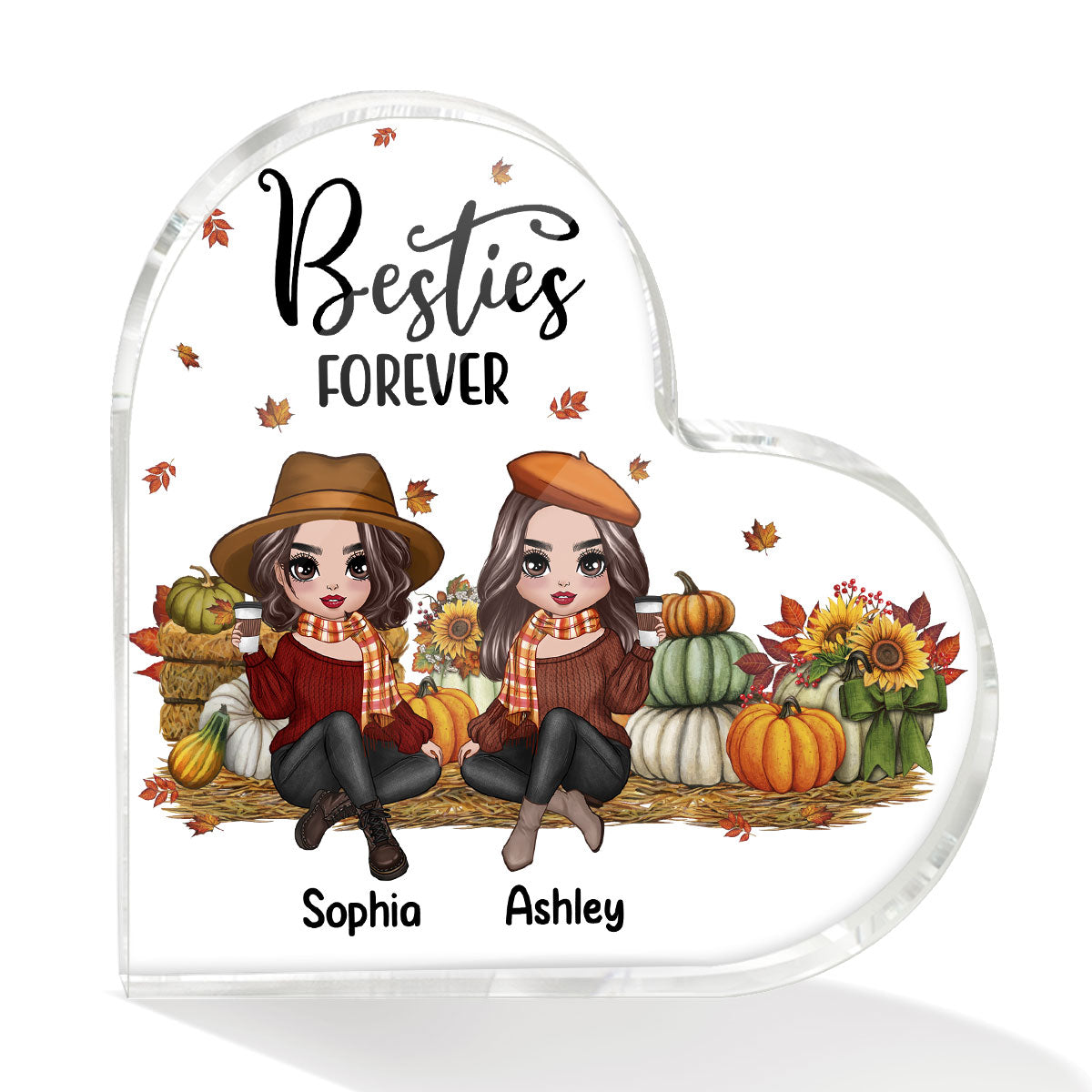 Fall Season Doll Besties Sitting In Pumpkin Patch Personalized Heart Acrylic Plaque