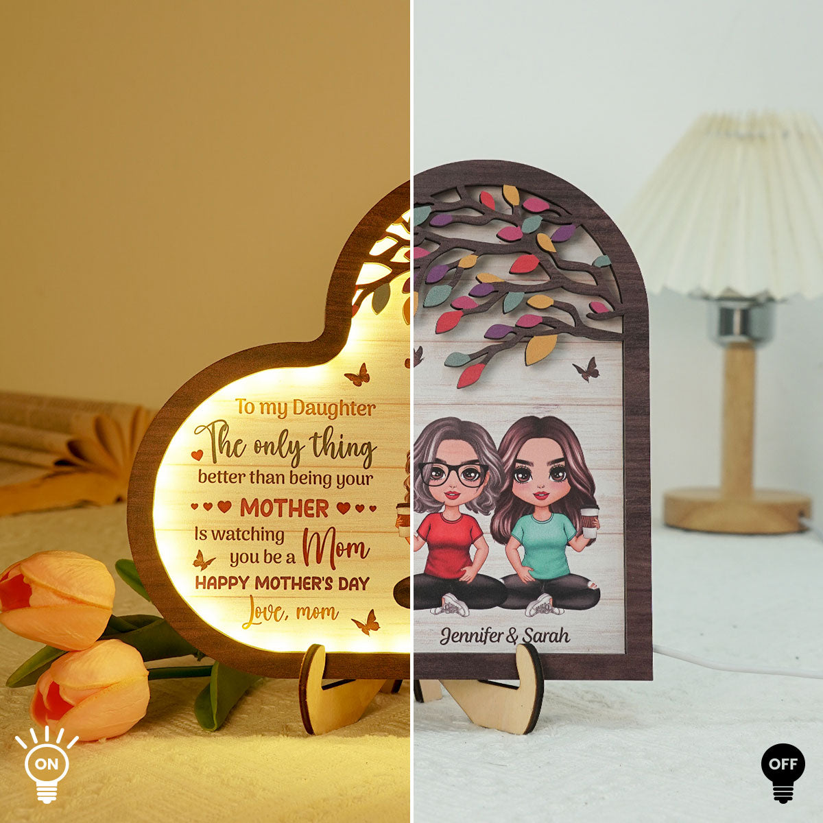 To My Daughter Gift From Mom Heart Personalized 2-Layered Wooden Plaque With LED