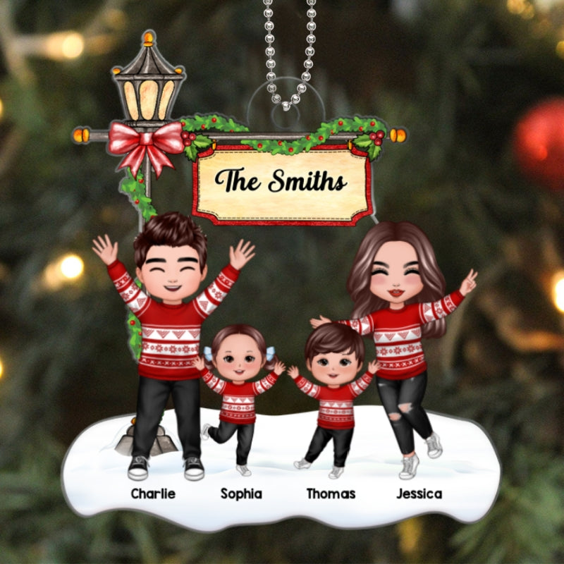 Happy Doll Family Dad Mom Under Lamp Post Christmas Personalized Acrylic Ornament
