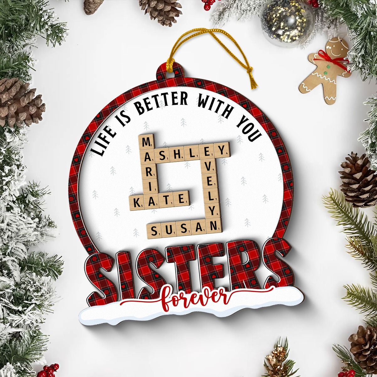 Congrats On Being My Besties Sisters Crossword Puzzle Art Personalized 2-Layer Wooden Ornament, Unique Christmas Gift For Besties Sisters