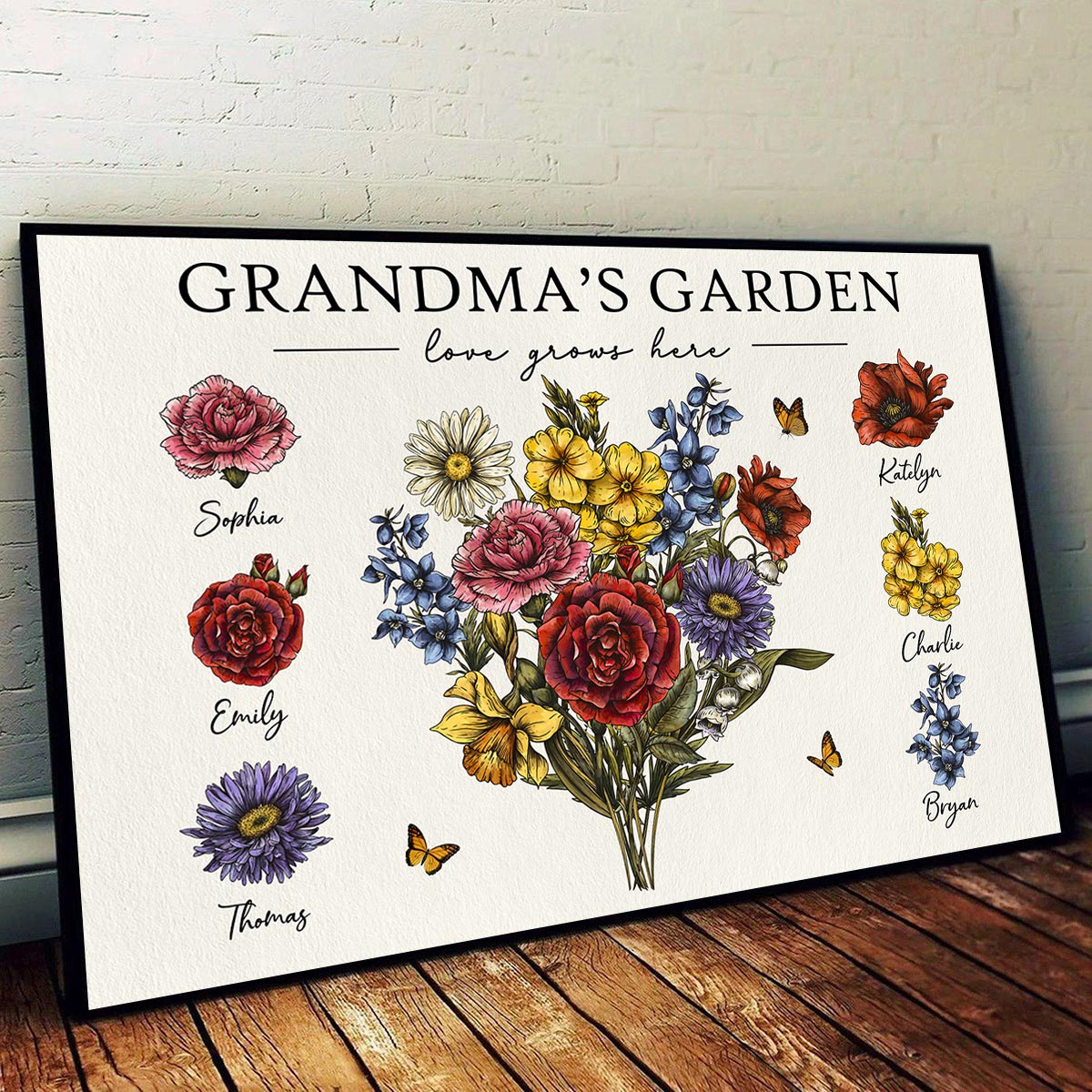 Grandma‘s Garden Beautiful Vintage Birth Month Flowers With Grandkids Names Personalized Horizontal Poster, Mother’s Day Gift For Grandma, Mom