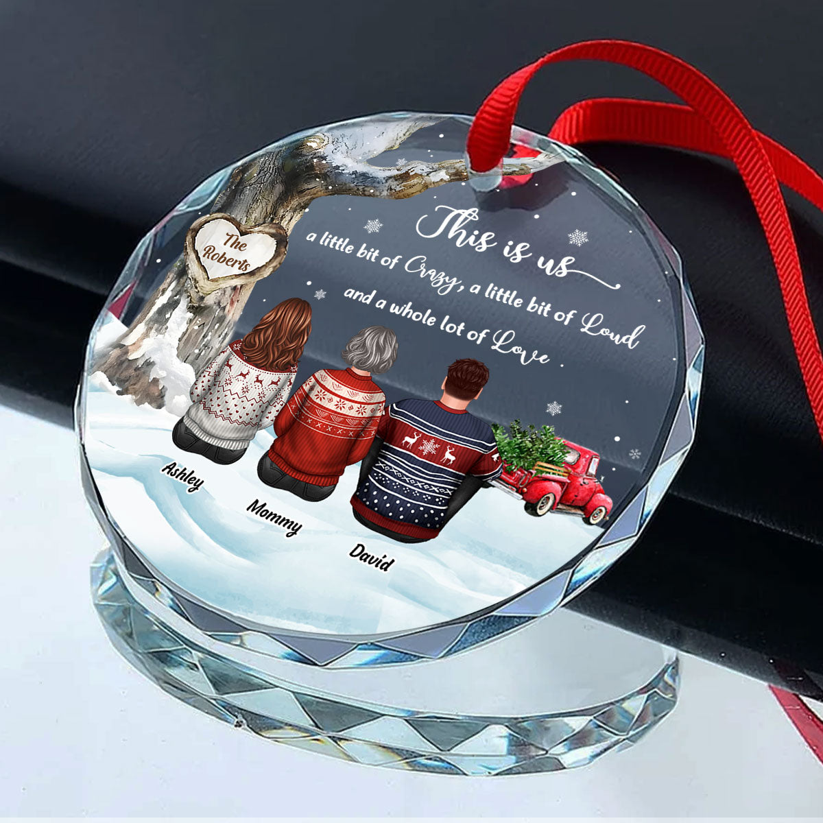 Family Sitting Back View Under Tree Red Truck Winter Personalized Glass Ornament