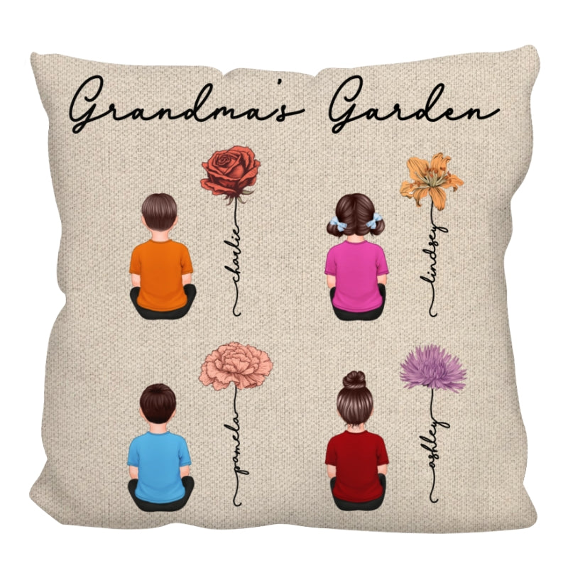 Grandkids Sitting Grandma Garden Vintage Birth Month Flowers Personalized Pillow