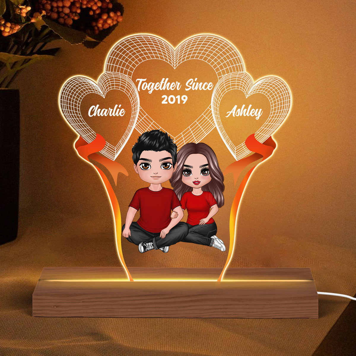 Embracing Doll Couple Hearts Together Personalized Custom Shape LED Night Light - Gift For Him Gift For Her