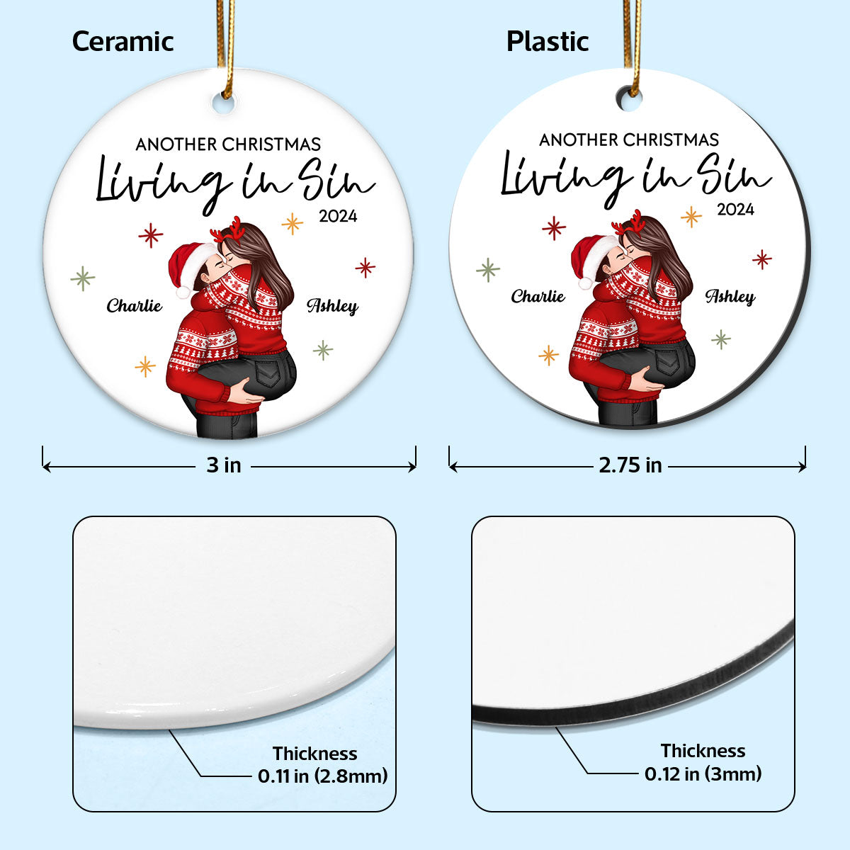 Couple Another Year Living In Sin Christmas Personalized Ceramic Ornament, Funny Christmas Gift for Couple