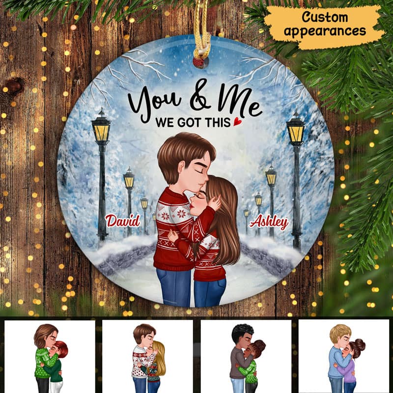 Doll Couple Kissing In Snow Lamppost Personalized Circle Ornament