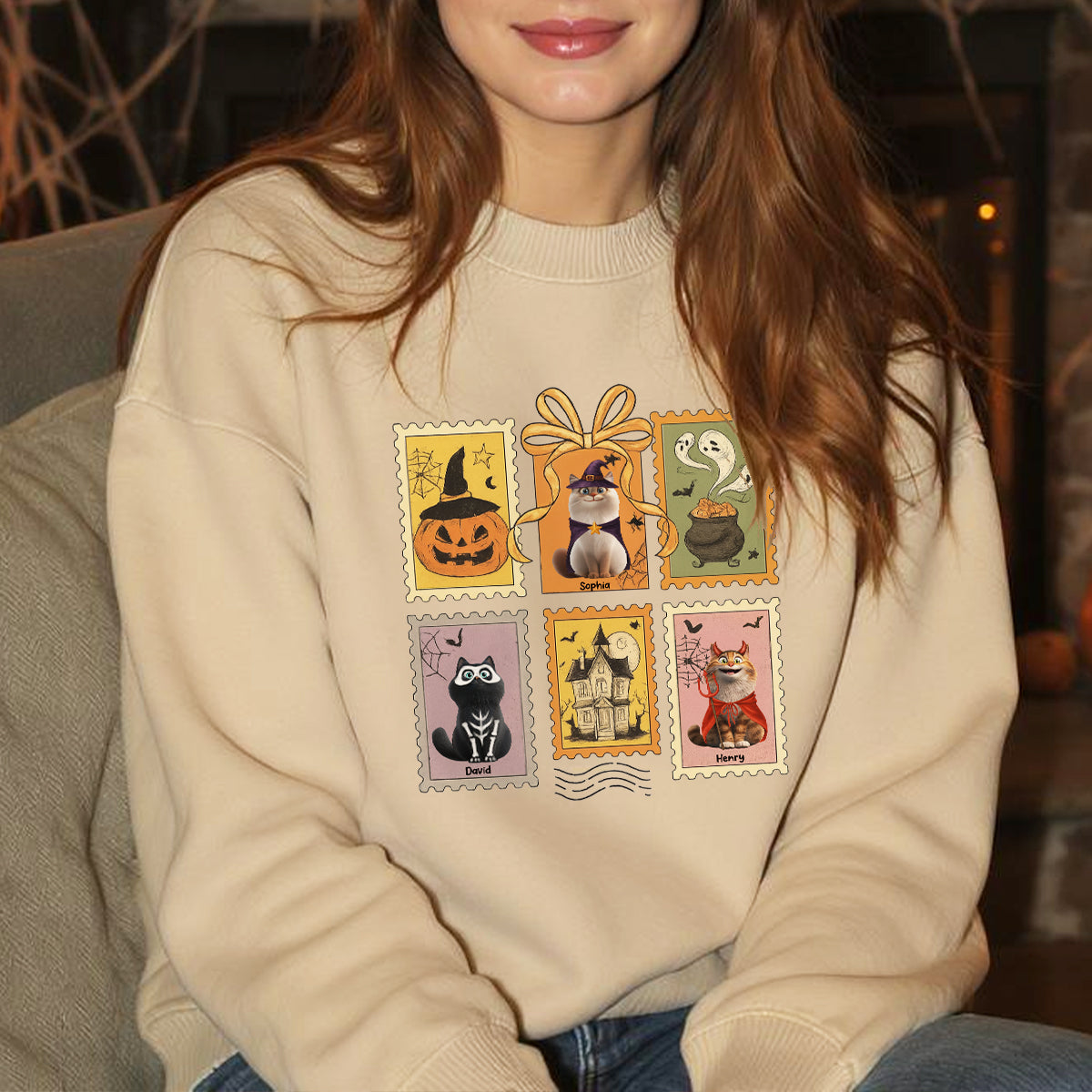 Cute Cats Retro Halloween Postage Stamp Sweatshirt – Cute & Spooky Fall Personalized Sweatshirt