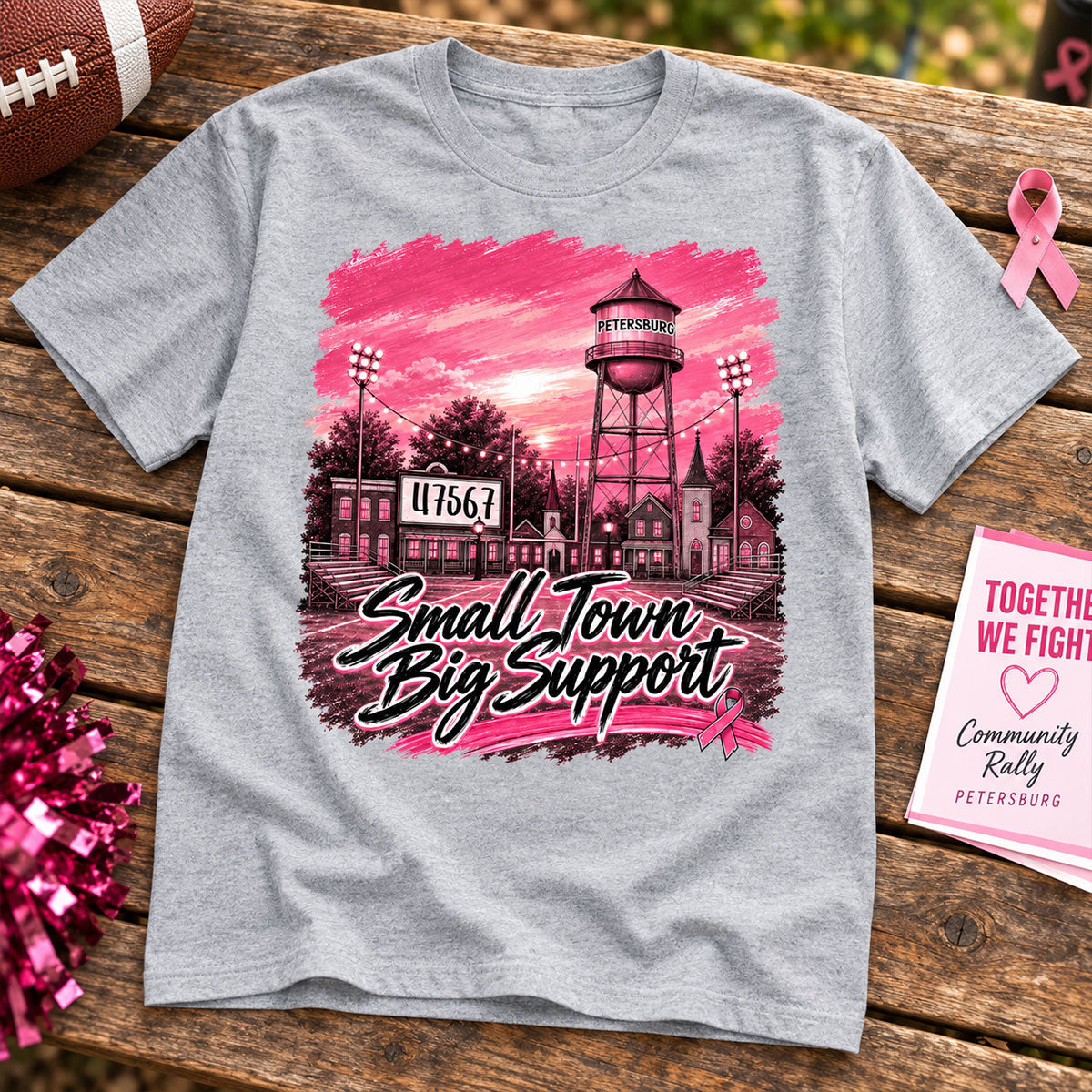 Small Town Big Support Breast Cancer Ribbon Football - Personalized Shirt - Coquette Game Day Mom Tee