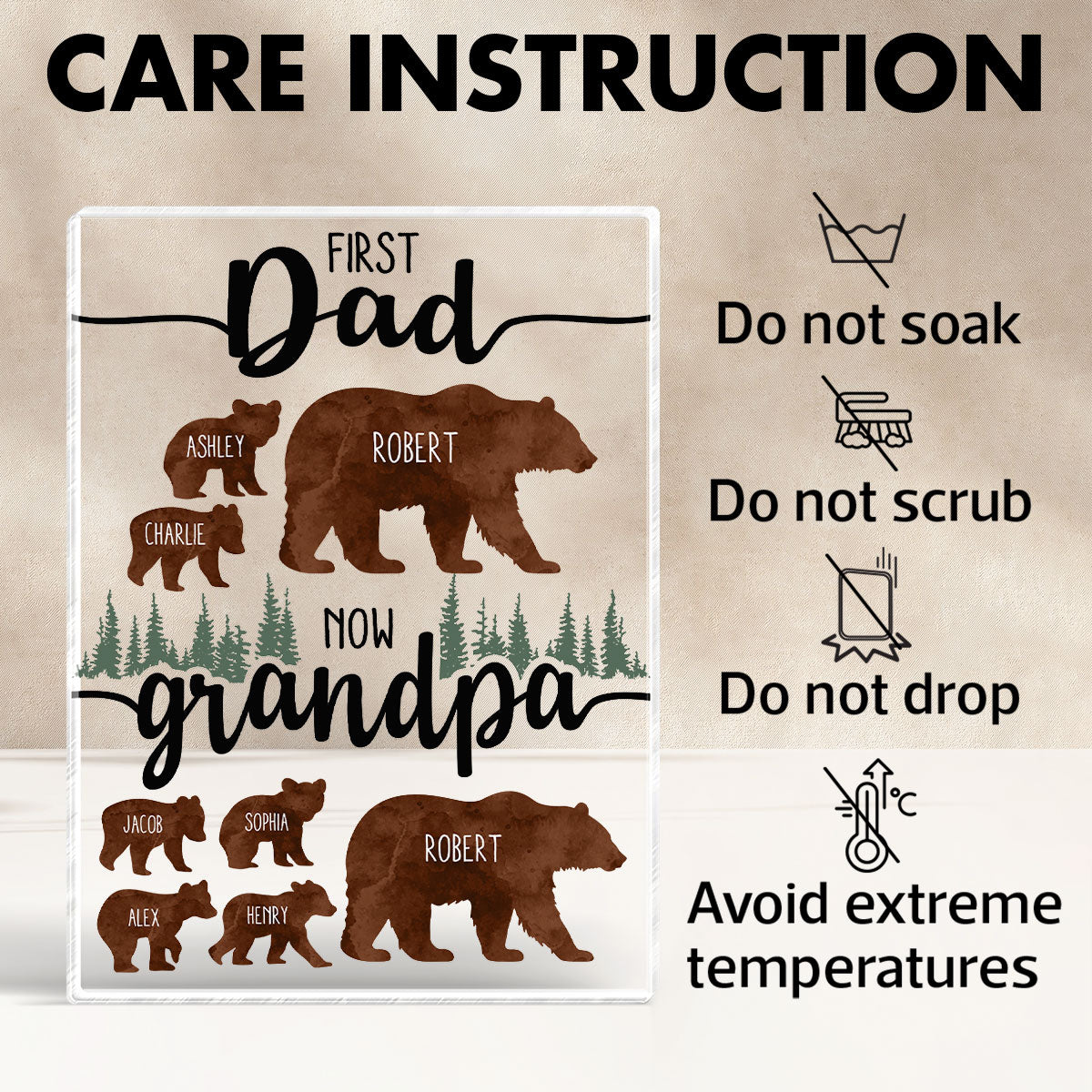 First Dad Now Grandpa Bear Personalized Acrylic Block, Father's Day gift for Dad, for Grandpa