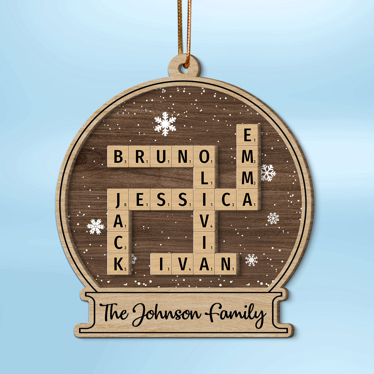 Family Names In Snow Globe Crossword Puzzle Art Personalized 2-Layer Wooden Ornament, Christmas Decor, Christmas Gift For Families