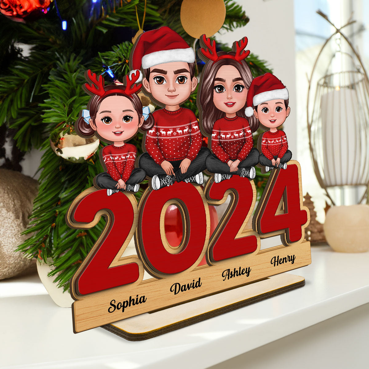 Family Sitting On 2024 Personalized 2-Layer Standing Wooden Plaque, Christmas Tier Tray Decoration